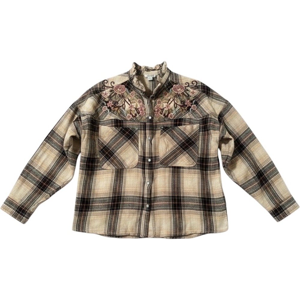 Sundance Embroidered Flannel Shirt XS Cream Plaid Floral Button Down Boho